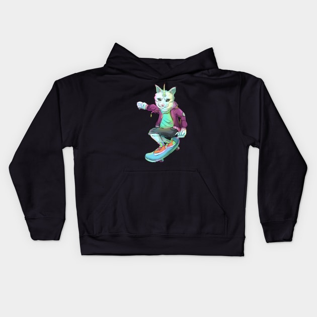 Badass Skateboarding Cat Unicorn Kids Hoodie by Trendy Black Sheep